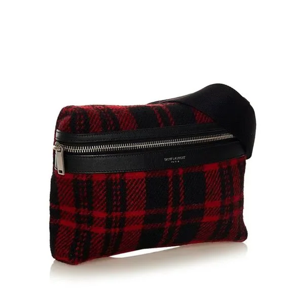 Saint Laurent Tartan Check Waist Bag Body Bag Red Black Wool Leather - Picture 2 of 8